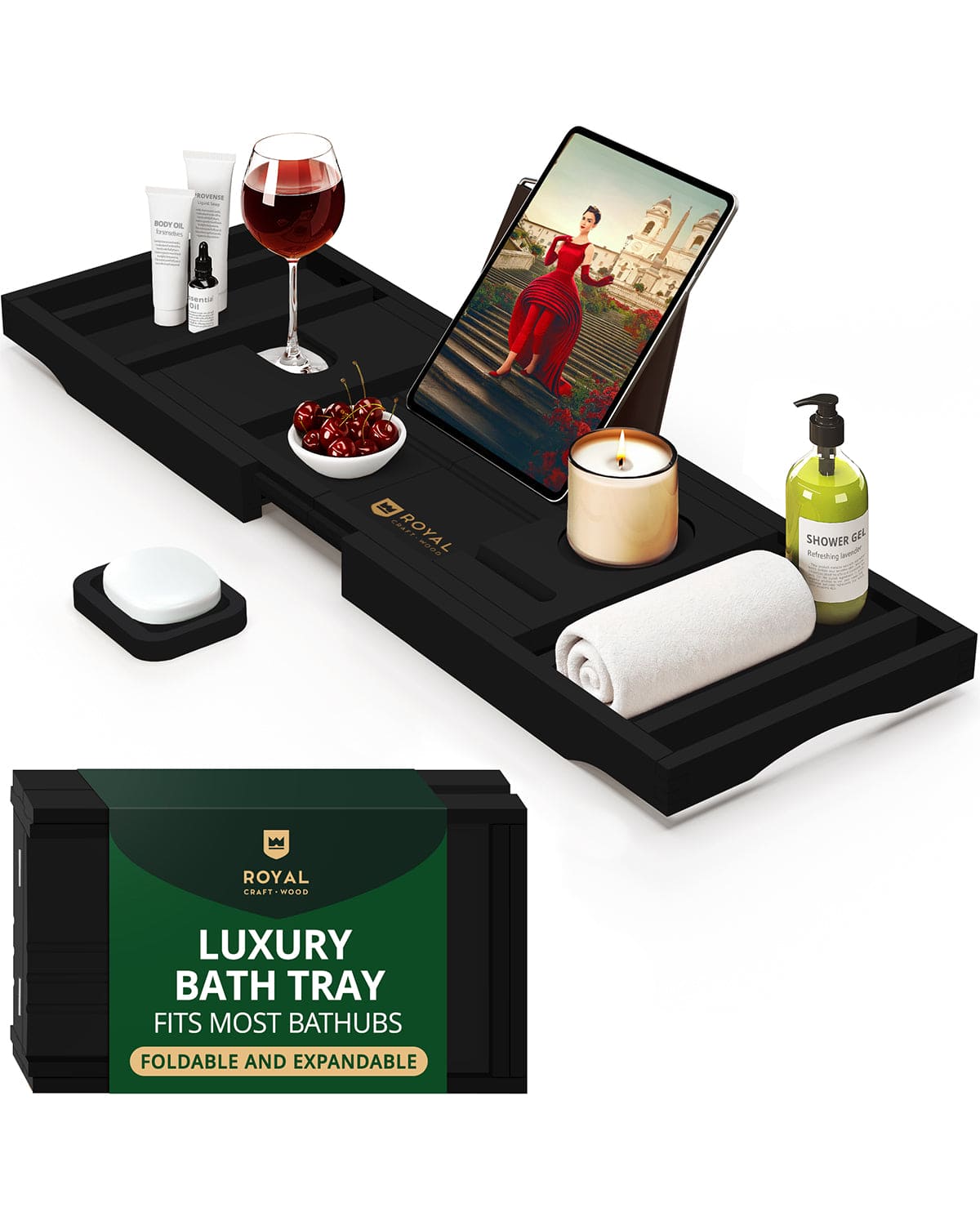 Foldable Bathtub Caddy Tray, Black